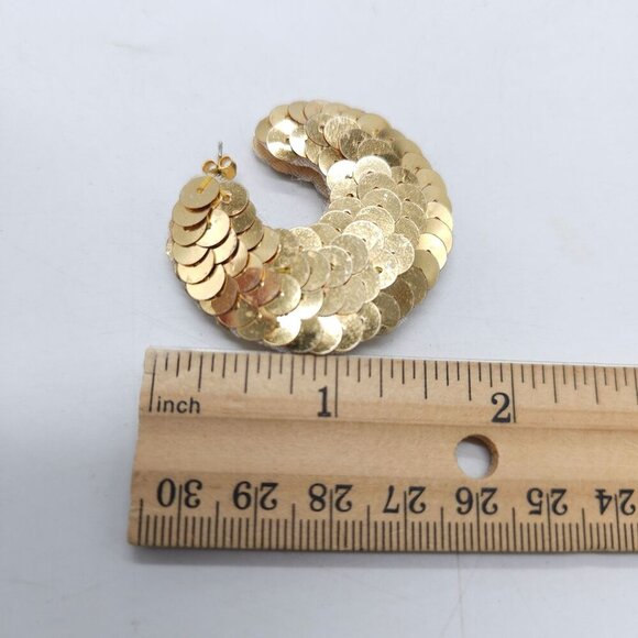 Vintage 1980s Gold Sequin Hoop Earrings - Picture 4 of 4